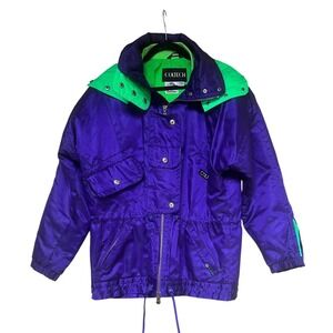 Vintage Coltech Purple Neon Green Ski Jacket Sz 8 Hooded Colorblock Winter Coat